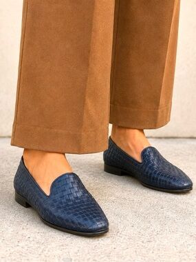 Trotters Classic Woven Leather Loafers - Navy Intrecciato